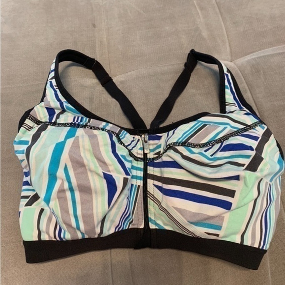 Victoria Secret Abstract Geometric Sport Bra Zip Front Black Grey Blue White 34D